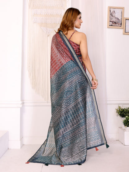 Black Chanderi Cotton Saree with Multicolor Geometric Print for Women
