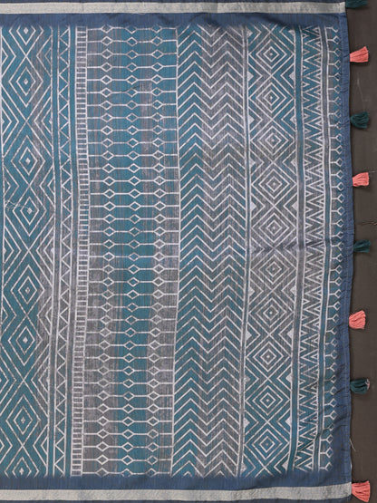 Black Chanderi Cotton Saree with Multicolor Geometric Print for Women