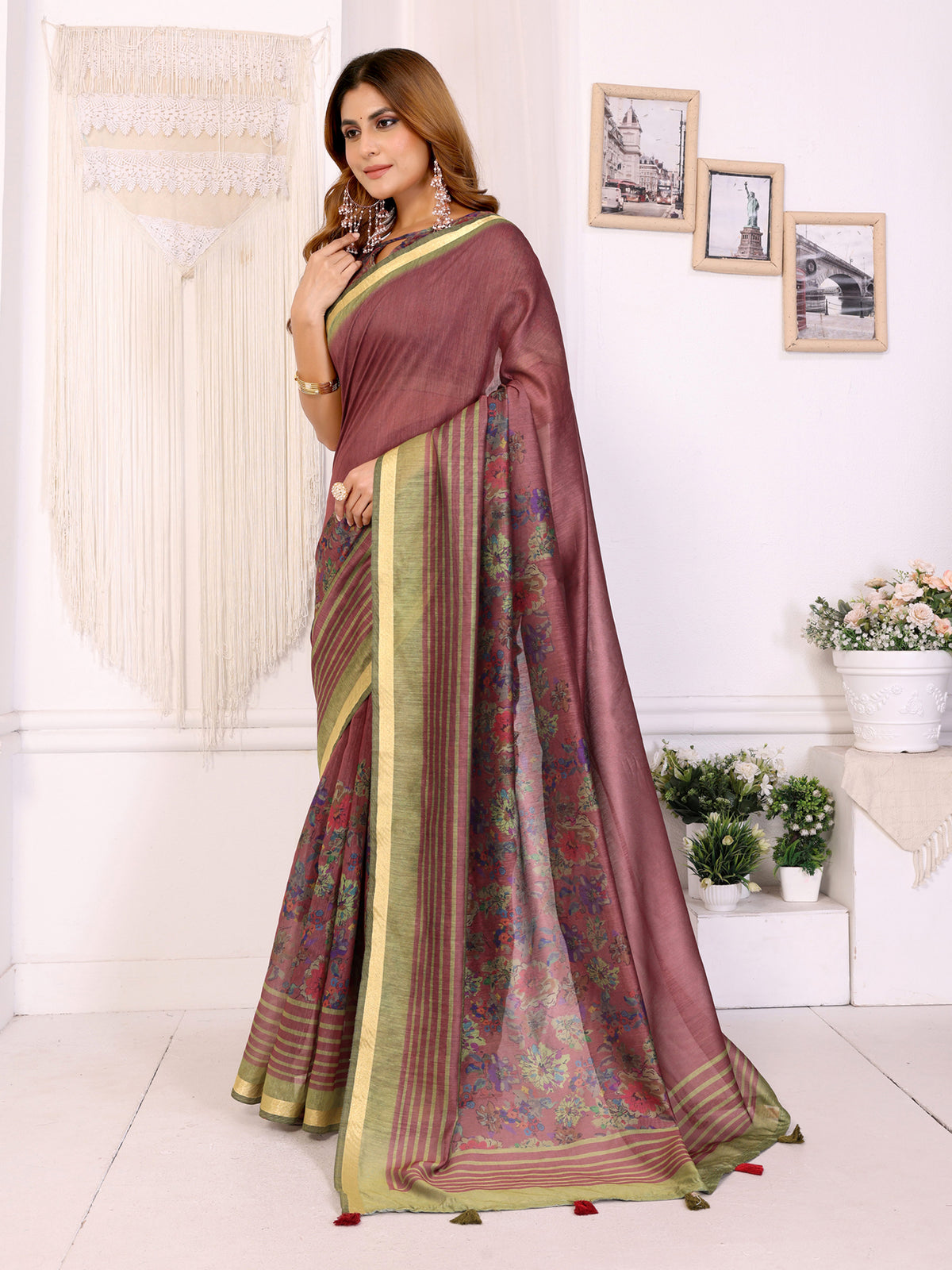 Wine Chanderi Cotton Floral Print Saree with Striped Border for Women