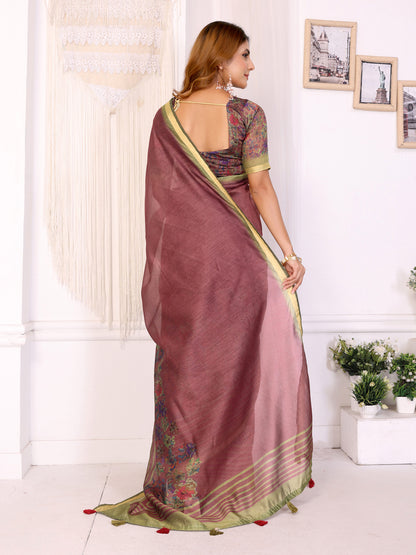 Wine Chanderi Cotton Floral Print Saree with Striped Border for Women