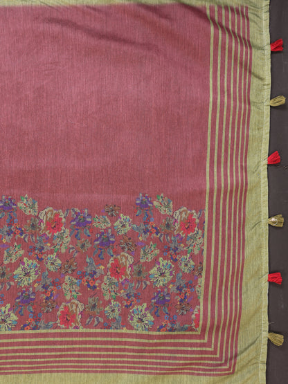 Wine Chanderi Cotton Floral Print Saree with Striped Border for Women