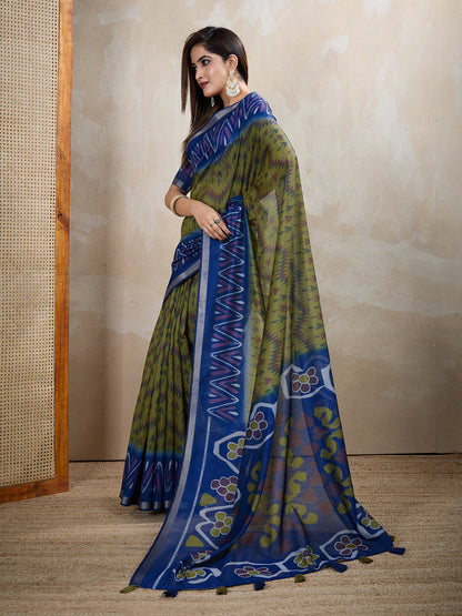 Olive Green Chanderi Cotton Ikat Print Saree with Blue Border