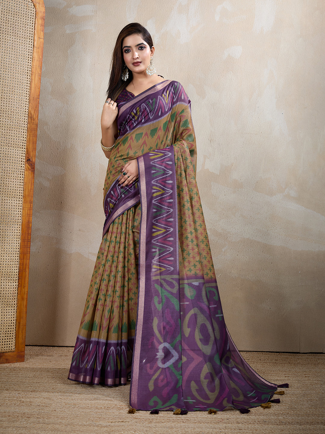 Olive Green Chanderi Cotton Ikat Print Saree Now for Women