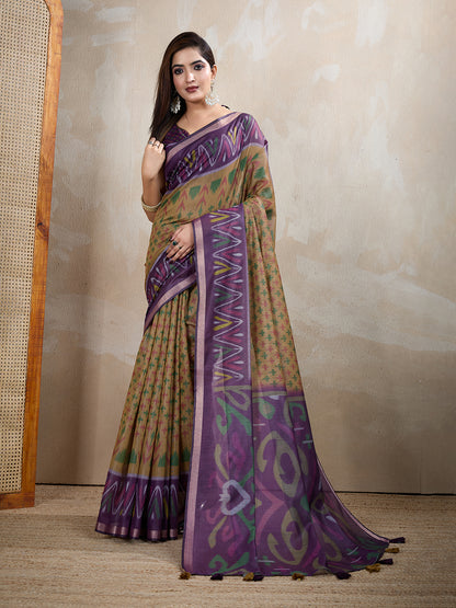 Olive Green Chanderi Cotton Ikat Print Saree Now for Women