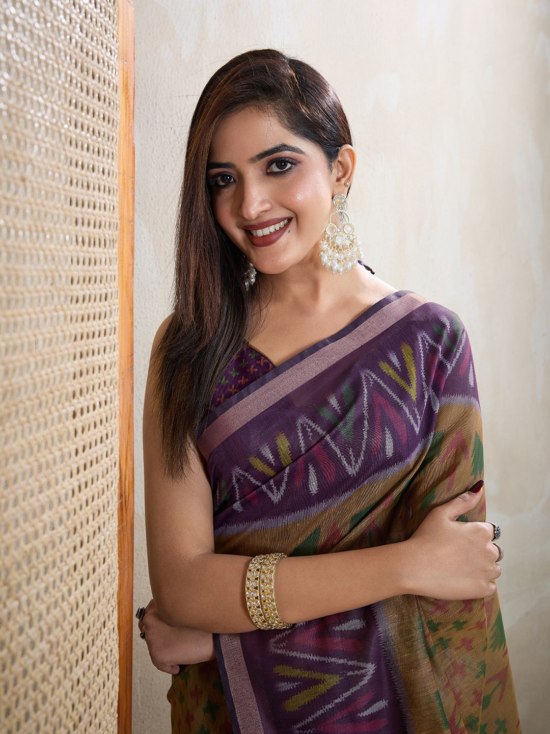 Olive Green Chanderi Cotton Ikat Print Saree Now for Women