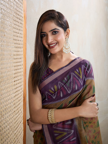 Olive Green Chanderi Cotton Ikat Print Saree Now for Women