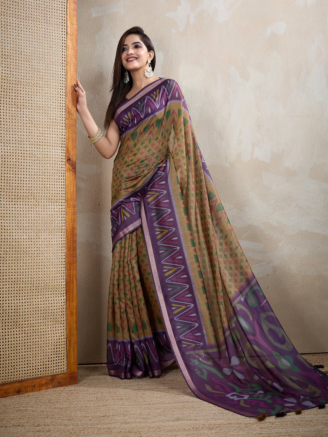 Olive Green Chanderi Cotton Ikat Print Saree Now for Women