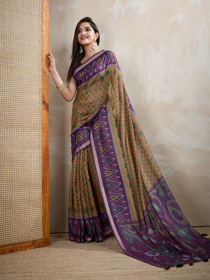 Olive Green Chanderi Cotton Ikat Print Saree Now for Women