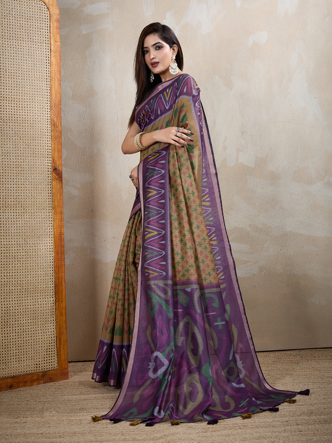 Olive Green Chanderi Cotton Ikat Print Saree Now for Women