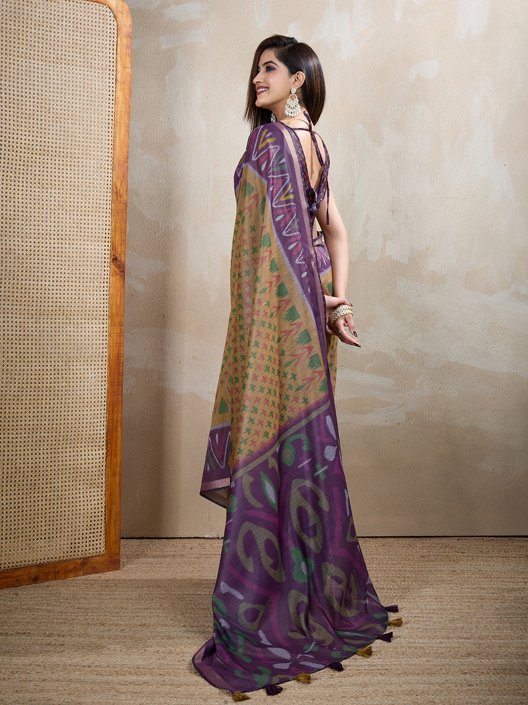 Olive Green Chanderi Cotton Ikat Print Saree Now for Women