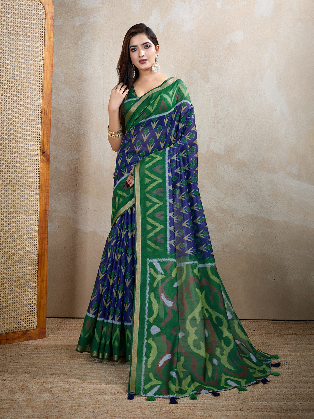 Royal Blue Chanderi Cotton Printed Saree for Women