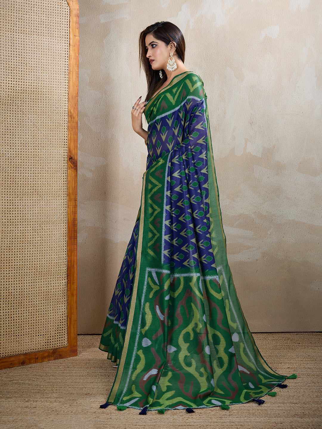 Royal Blue Chanderi Cotton Printed Saree for Women