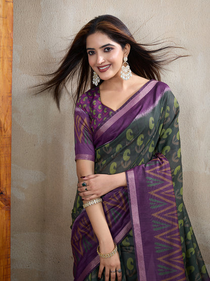 Charcoal Chanderi Cotton Saree with Multicolor Woven Motifs for Women