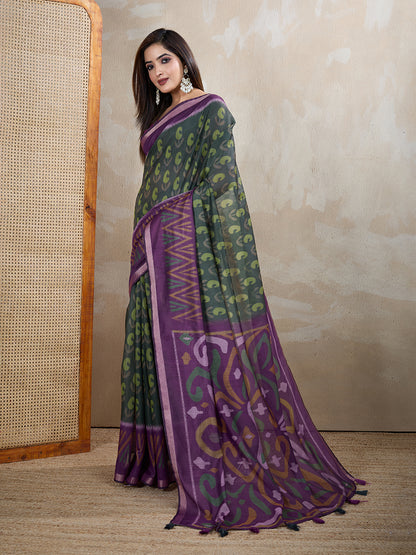 Charcoal Chanderi Cotton Saree with Multicolor Woven Motifs for Women