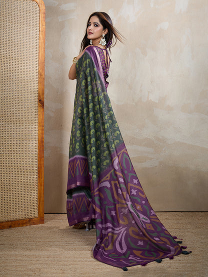 Charcoal Chanderi Cotton Saree with Multicolor Woven Motifs for Women