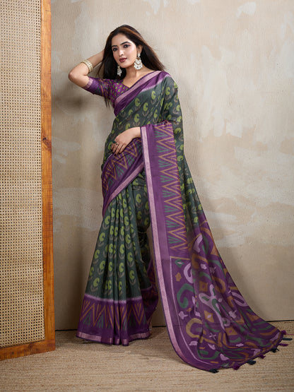 Charcoal Chanderi Cotton Saree with Multicolor Woven Motifs for Women