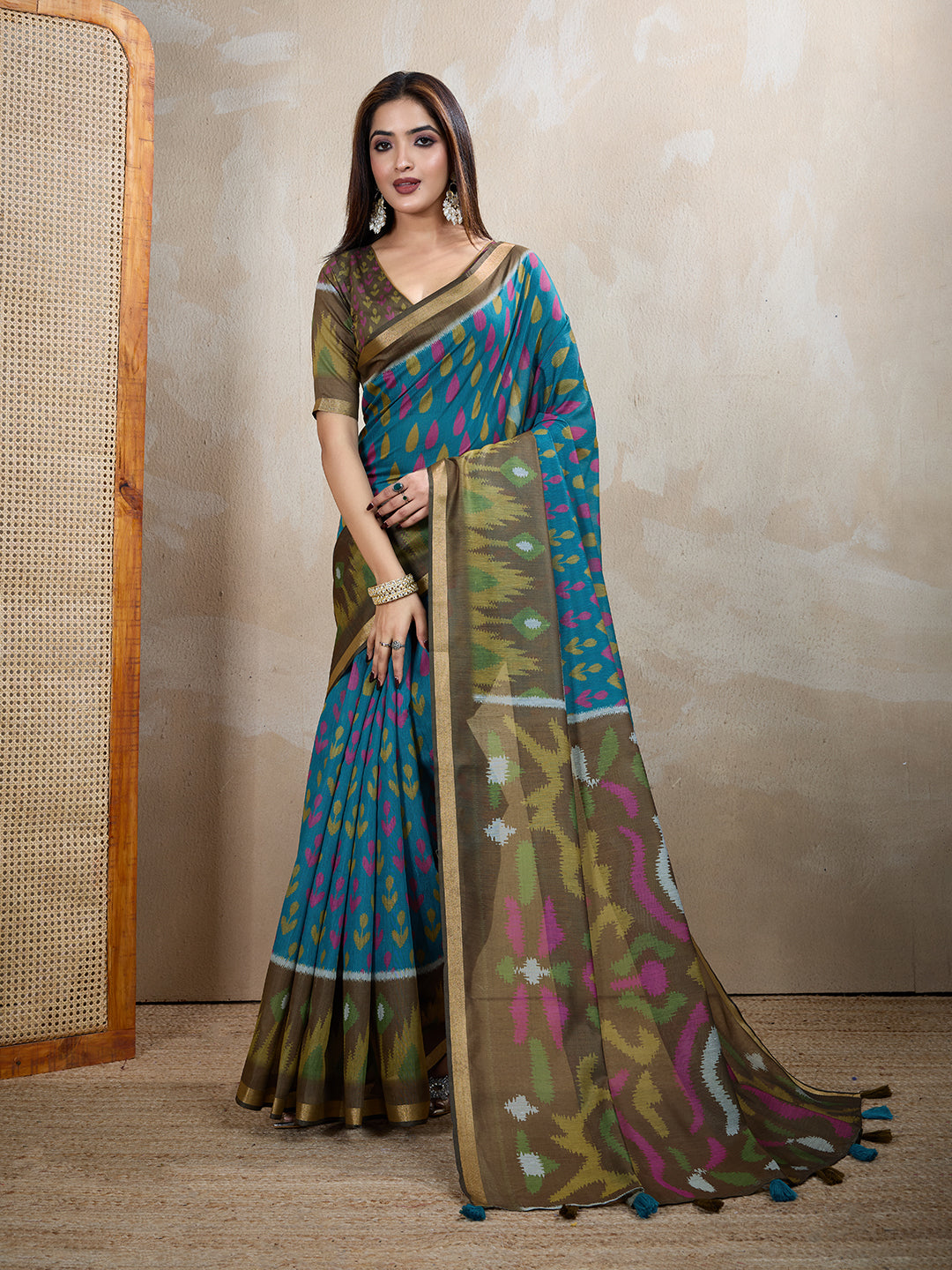 Teal Blue Chanderi Cotton Saree with Artistic Woven Pattern for Women