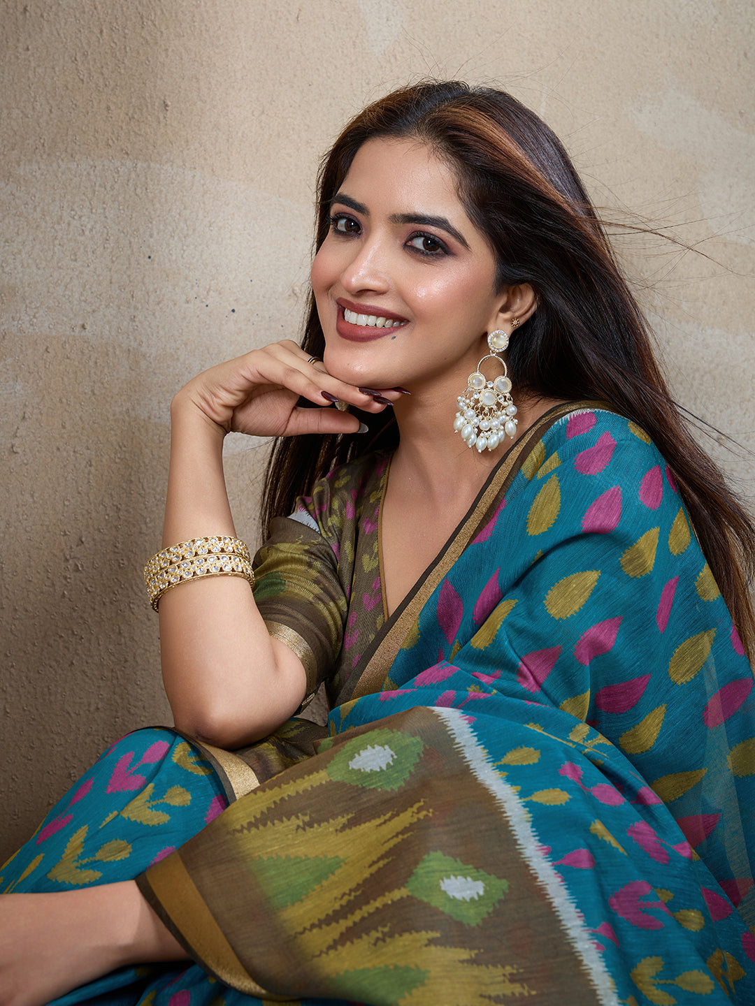 Teal Blue Chanderi Cotton Saree with Artistic Woven Pattern for Women