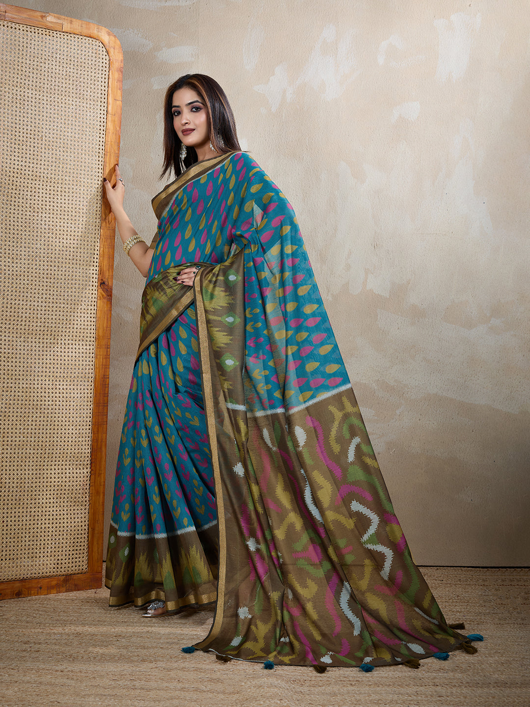 Teal Blue Chanderi Cotton Saree with Artistic Woven Pattern for Women