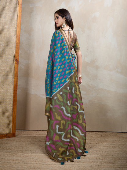 Teal Blue Chanderi Cotton Saree with Artistic Woven Pattern for Women