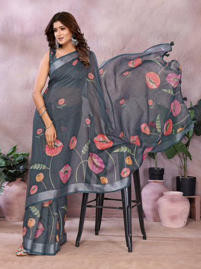 Charcoal Bloom Printed Linen Cotton Saree With Silver Edge for Women