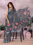 Charcoal Bloom Printed Linen Cotton Saree With Silver Edge for Women