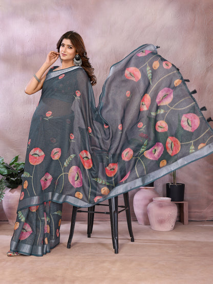 Charcoal Bloom Printed Linen Cotton Saree With Silver Edge for Women