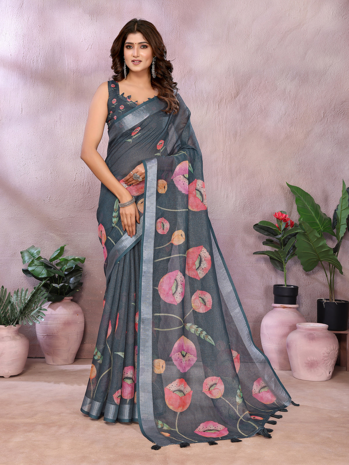 Charcoal Bloom Printed Linen Cotton Saree With Silver Edge for Women