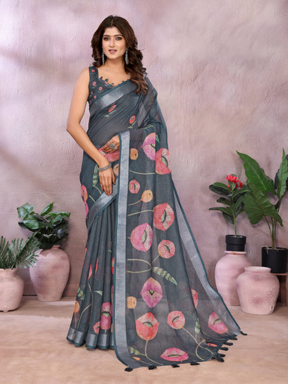 Charcoal Bloom Printed Linen Cotton Saree With Silver Edge for Women