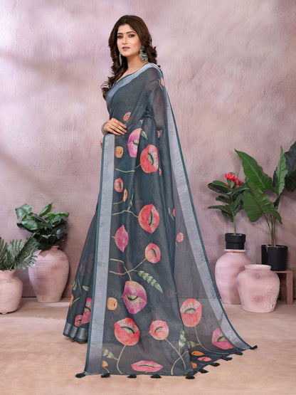 Charcoal Bloom Printed Linen Cotton Saree With Silver Edge for Women