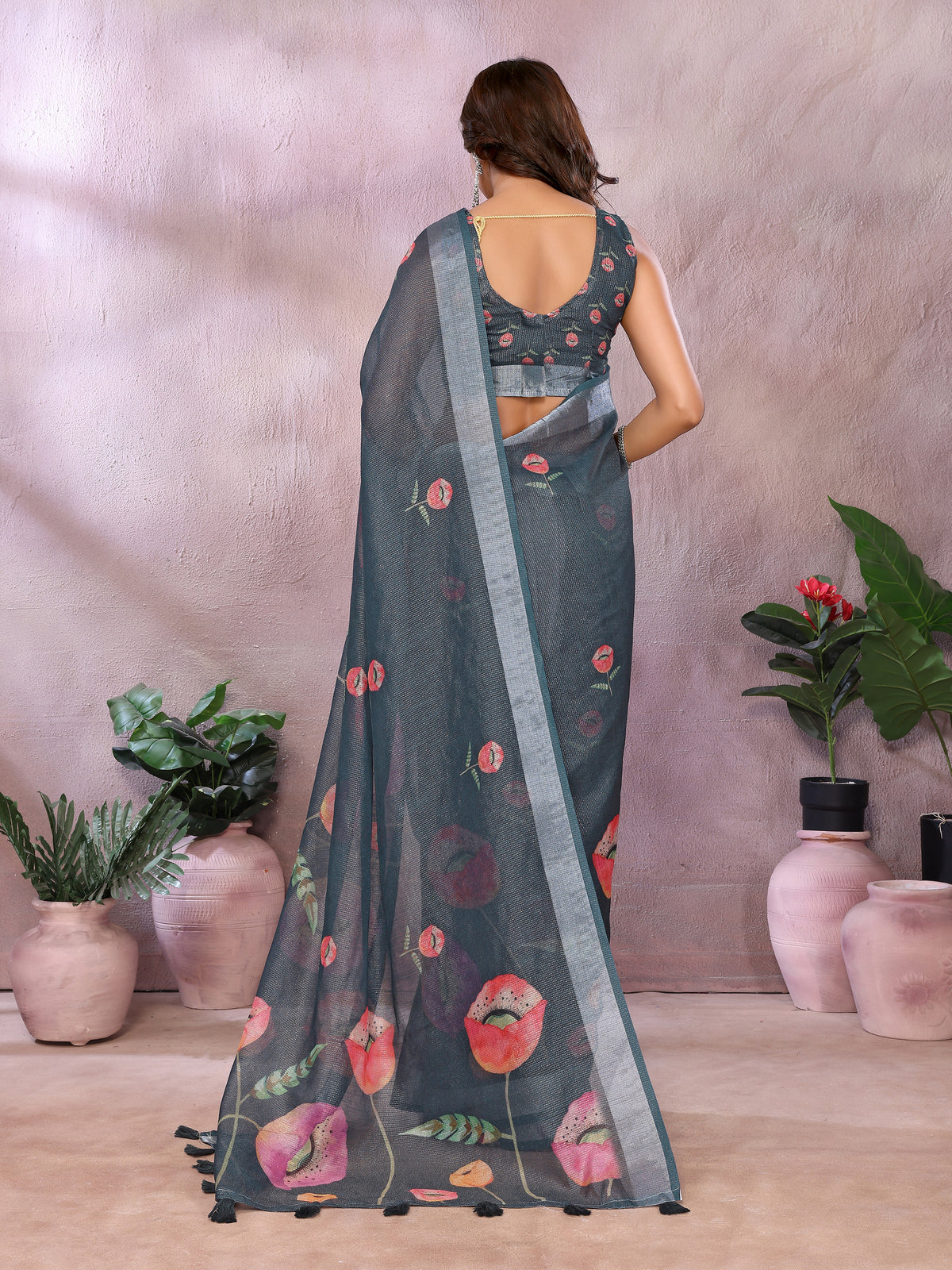 Charcoal Bloom Printed Linen Cotton Saree With Silver Edge for Women