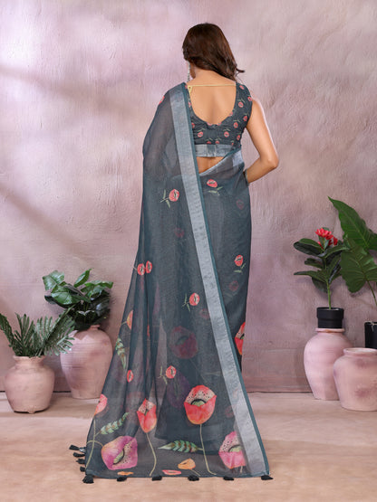 Charcoal Bloom Printed Linen Cotton Saree With Silver Edge for Women