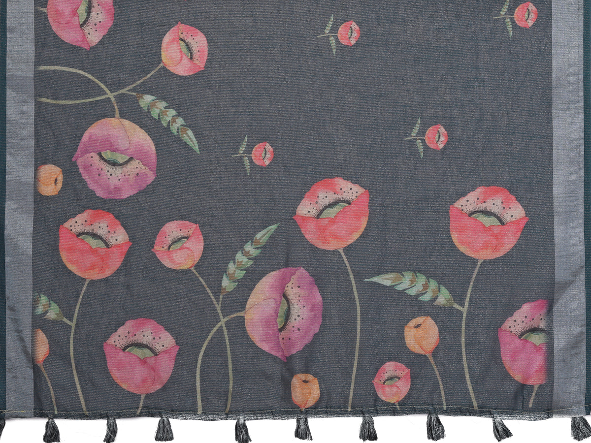 Charcoal Bloom Printed Linen Cotton Saree With Silver Edge for Women