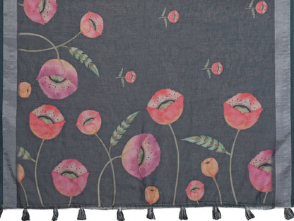 Charcoal Bloom Printed Linen Cotton Saree With Silver Edge for Women