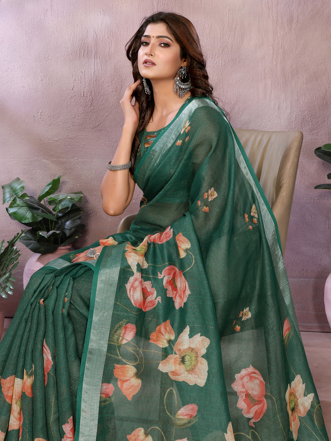 Emerald Green Floral Shimmer Linen Cotton Saree With Tassel Edge