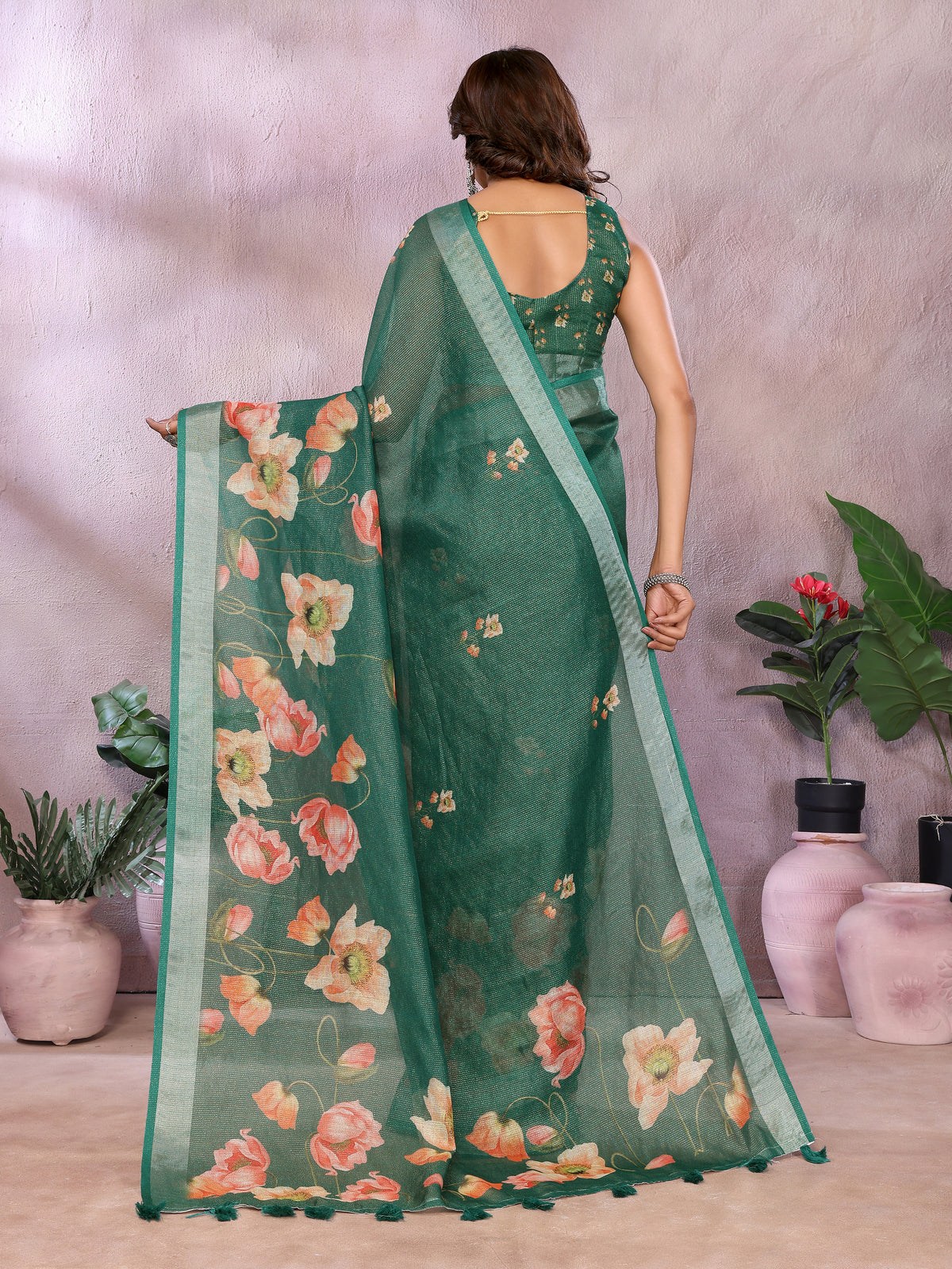 Emerald Green Floral Shimmer Linen Cotton Saree With Tassel Edge
