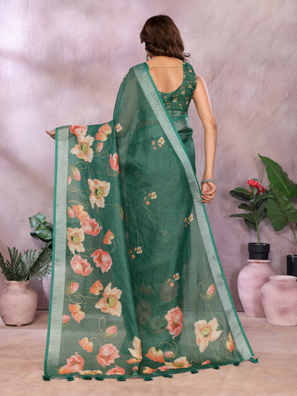 Emerald Green Floral Shimmer Linen Cotton Saree With Tassel Edge