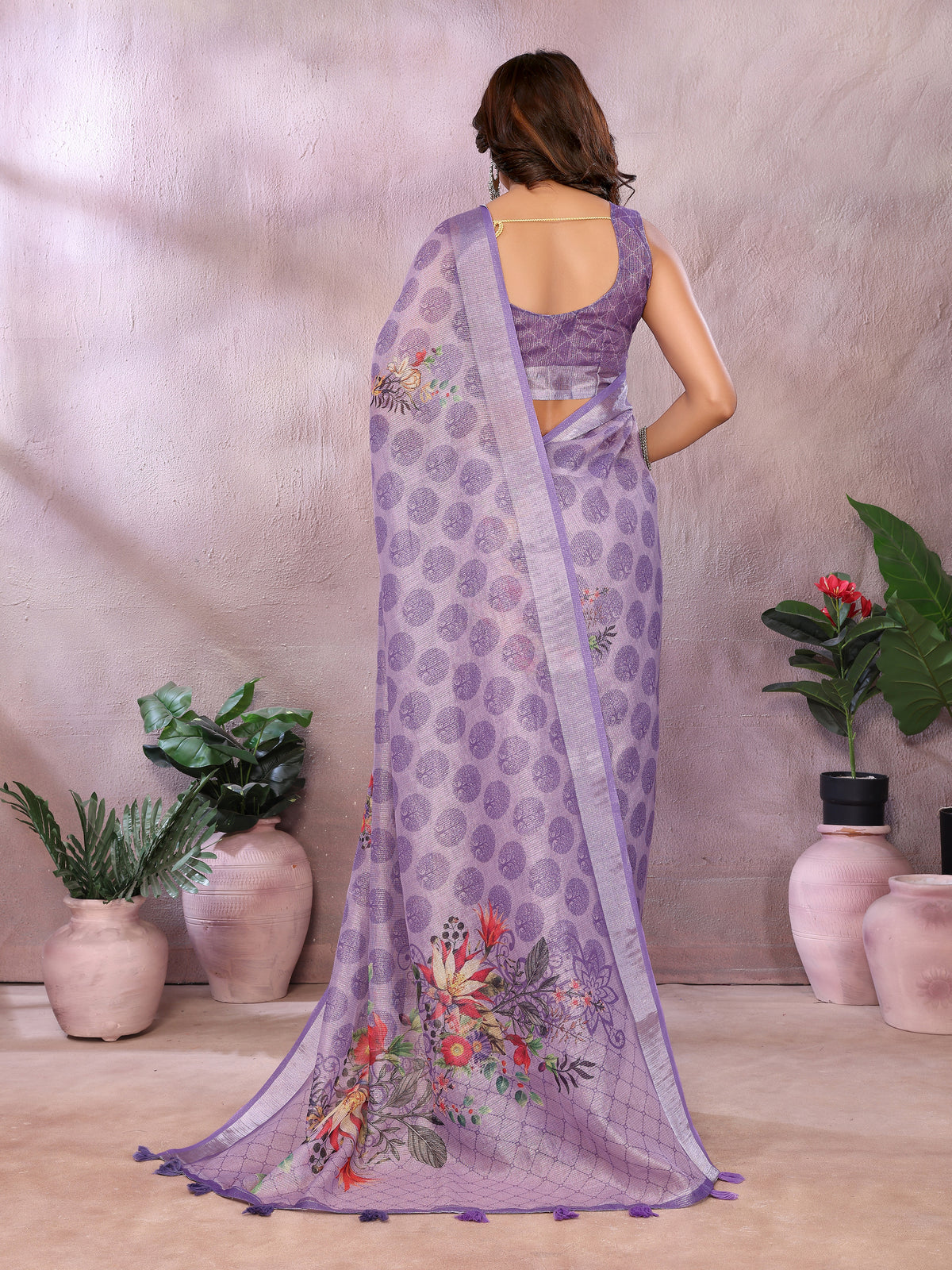 Lavender Paisley Floral Shimmer Linen Cotton Saree for Women