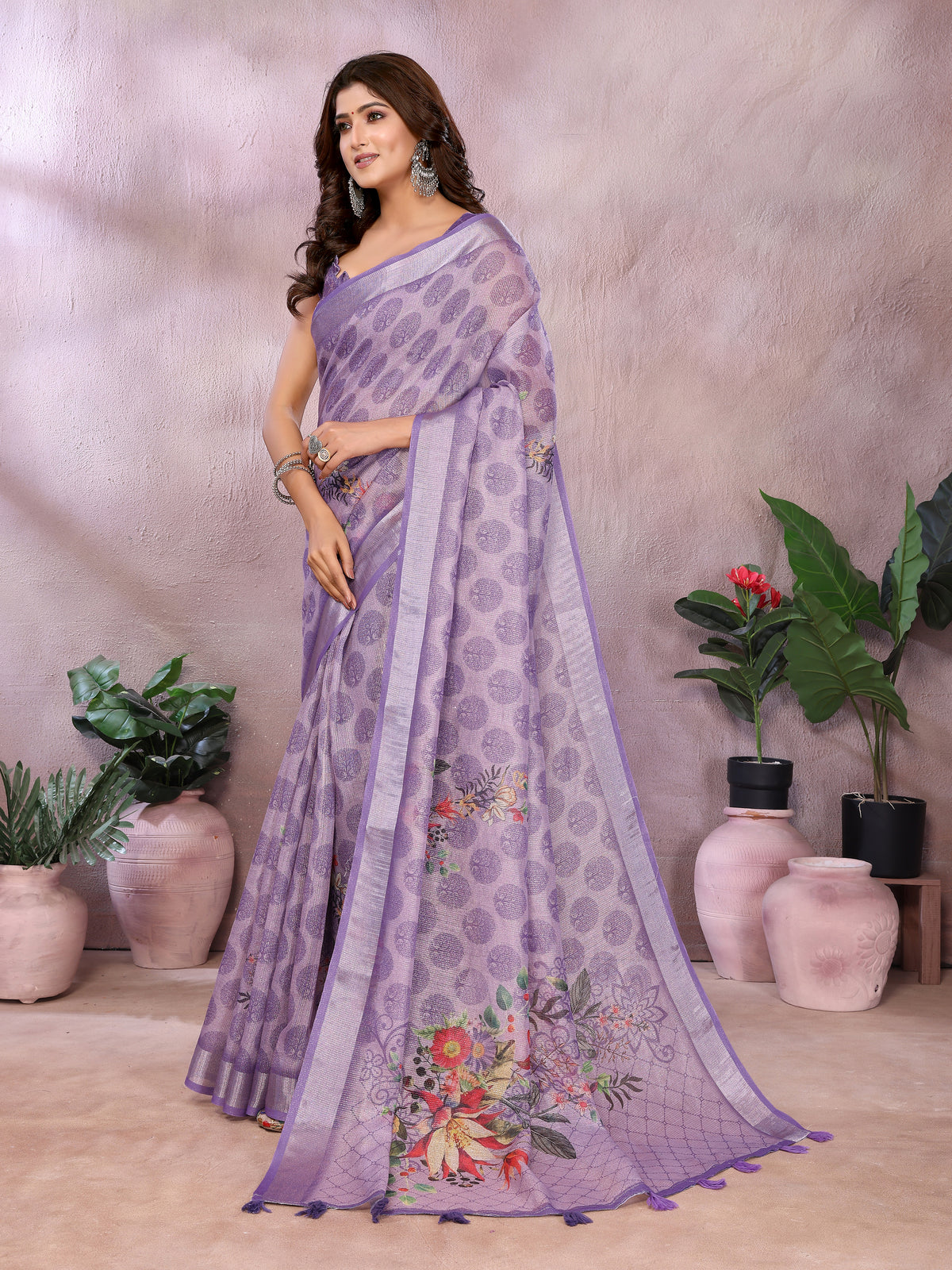 Lavender Paisley Floral Shimmer Linen Cotton Saree for Women