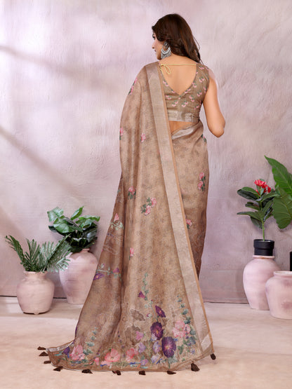 Mocha Floral Shimmer Linen Cotton Saree With Floral Tassels for Women