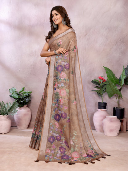 Mocha Floral Shimmer Linen Cotton Saree With Floral Tassels for Women