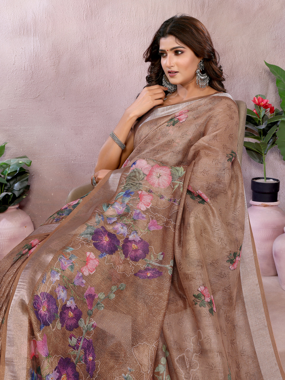 Mocha Floral Shimmer Linen Cotton Saree With Floral Tassels for Women