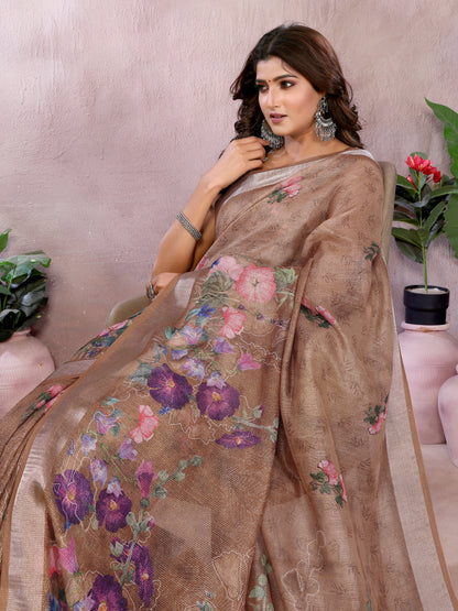Mocha Floral Shimmer Linen Cotton Saree With Floral Tassels for Women