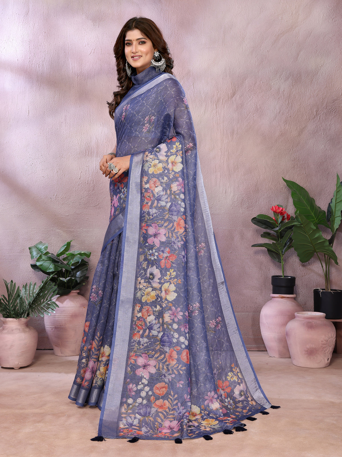 Blue Floral Printed Shimmer Linen Cotton Saree with Borders for Women