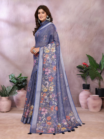 Blue Floral Printed Shimmer Linen Cotton Saree with Borders for Women