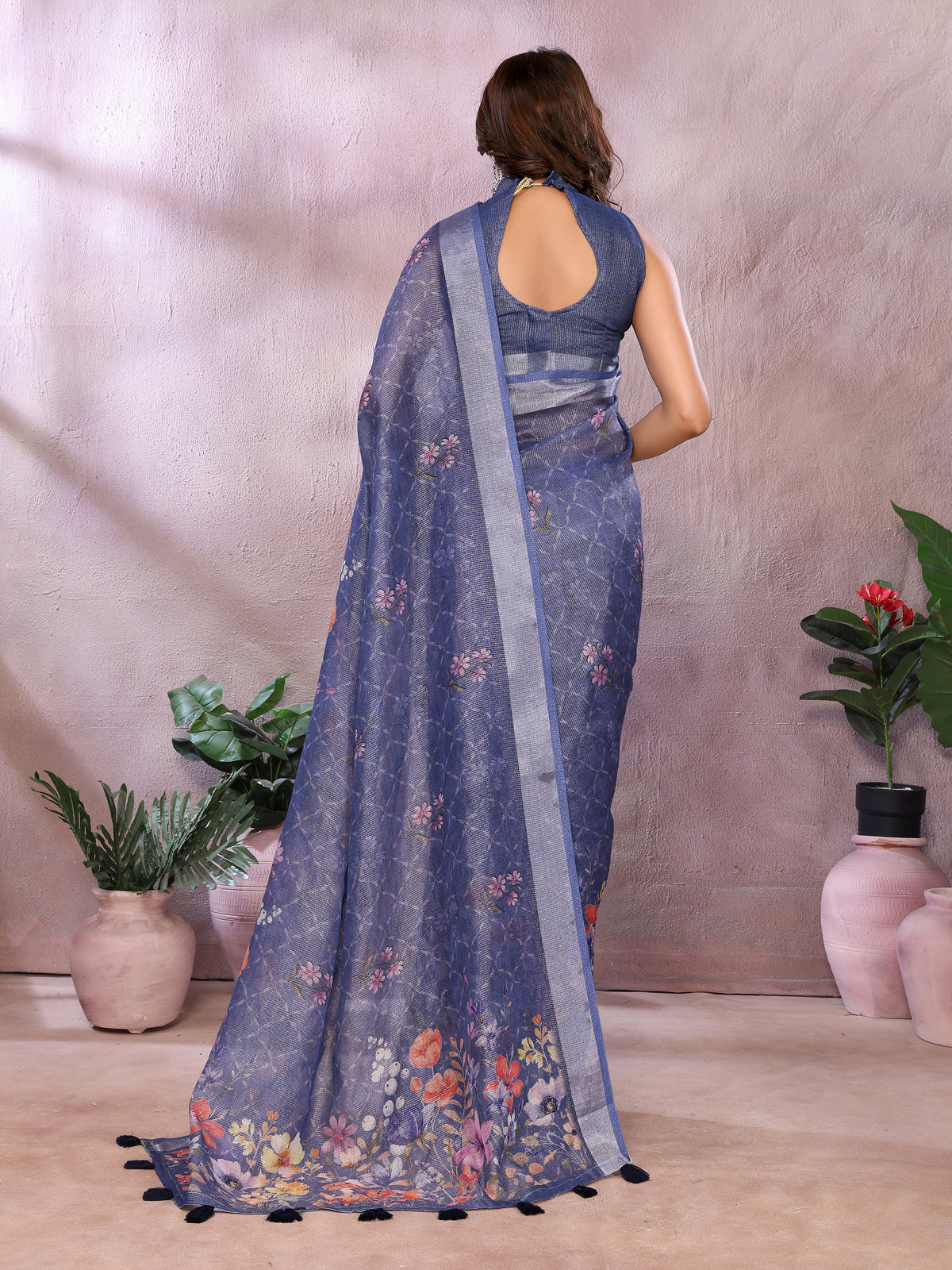 Blue Floral Printed Shimmer Linen Cotton Saree with Borders for Women