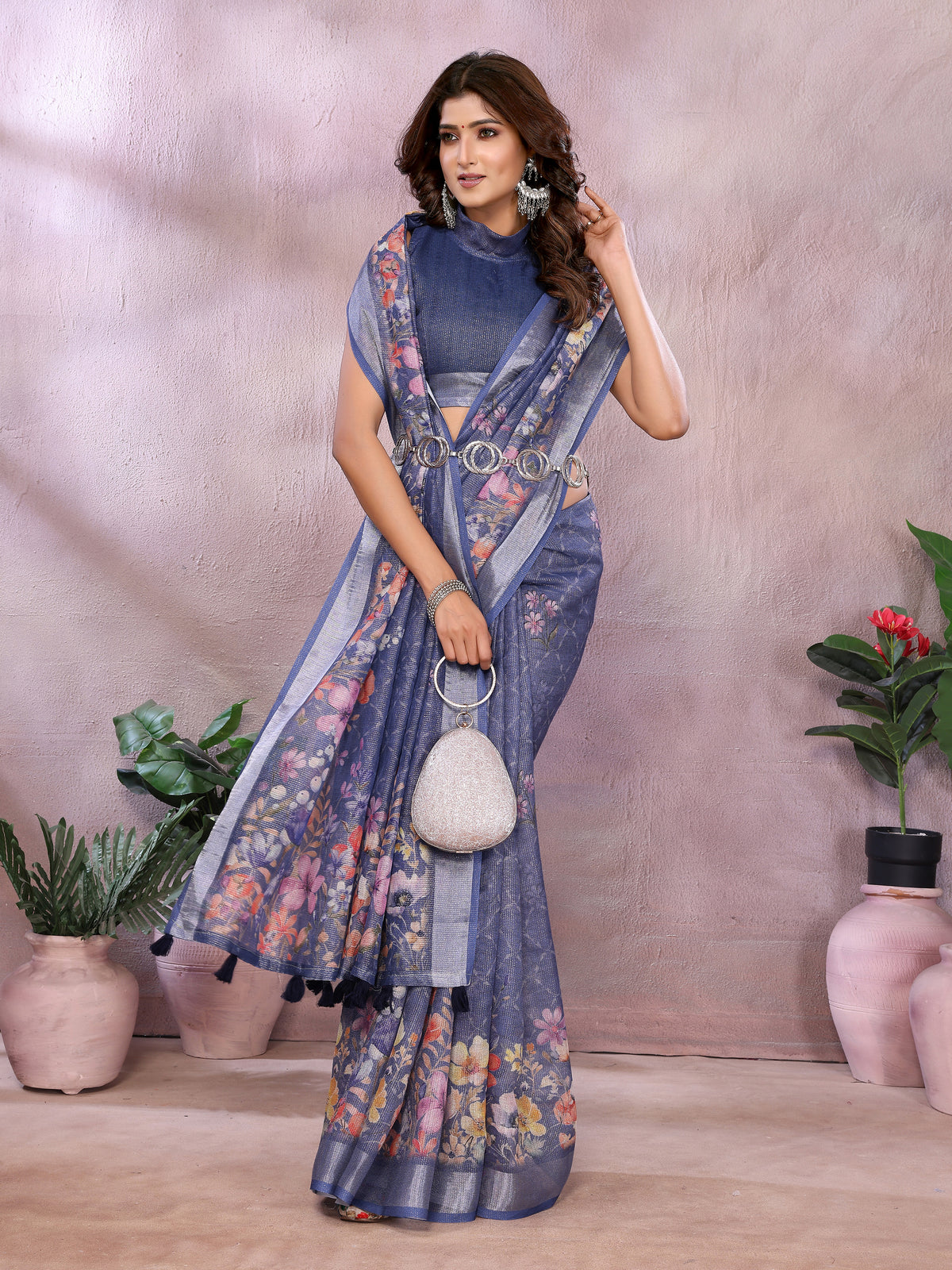 Blue Floral Printed Shimmer Linen Cotton Saree with Borders for Women