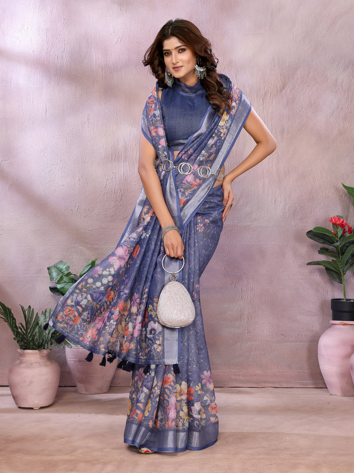 Blue Floral Printed Shimmer Linen Cotton Saree with Borders for Women
