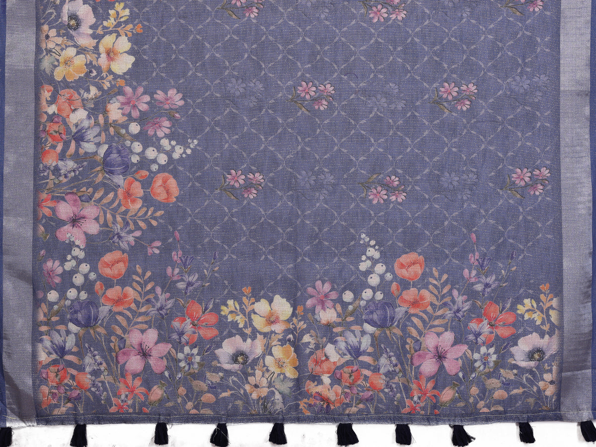 Blue Floral Printed Shimmer Linen Cotton Saree with Borders for Women