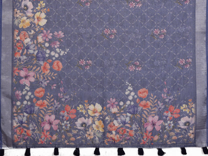 Blue Floral Printed Shimmer Linen Cotton Saree with Borders for Women